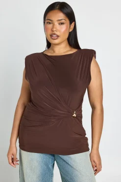 boohoo Haut Grande Taille À Drapé Avec Détail De Bordure<Femme Looks Chocolat|Tops