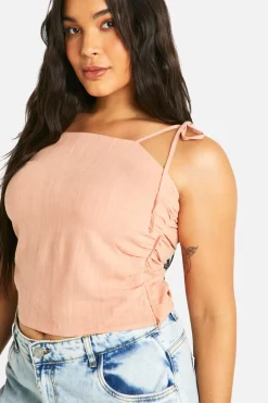 Haut grande taille effet lin, froncé avec noué à l’épaule