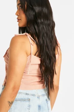 Haut grande taille effet lin, froncé avec noué à l’épaule