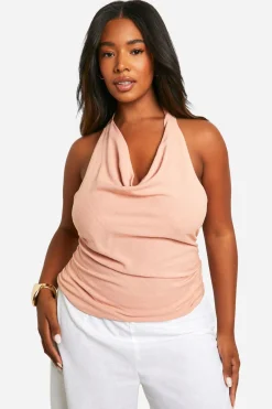 boohoo Haut grande taille effet lin à nouer col halterneck<Femme Tops