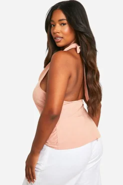 boohoo Haut grande taille effet lin à nouer col halterneck<Femme Tops