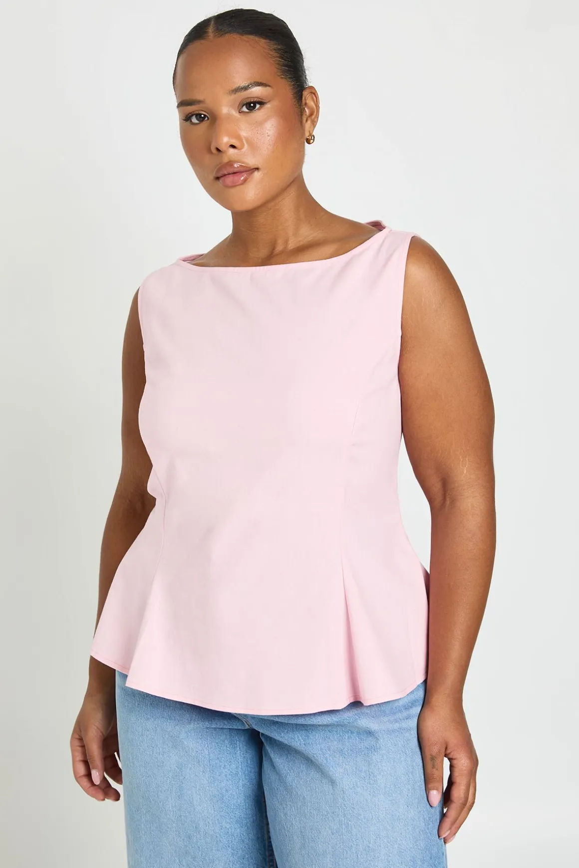 Haut Grande Taille À Encolure Bardot Et Basque Effet Lin