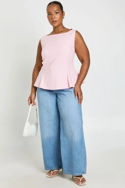 Haut Grande Taille À Encolure Bardot Et Basque Effet Lin