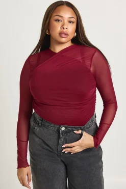 boohoo Haut Grande Taille à Encolure Croisée et Manches Longues<Femme Tops|Looks Bordeaux