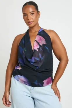 Haut Grande Taille À Encolure Drapée Imprimé