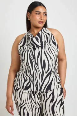 Haut Grande Taille En Lin Imprimé Zèbre Col Bénitier