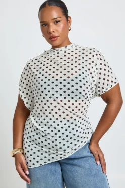 Haut Grande Taille En Mesh À Pois Col Montant Avec Fronces Latérales Et Coupe Asymétrique