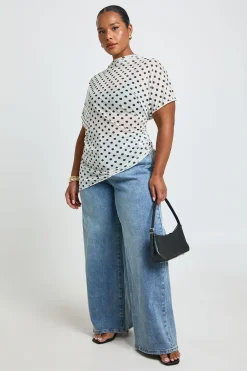 Haut Grande Taille En Mesh À Pois Col Montant Avec Fronces Latérales Et Coupe Asymétrique