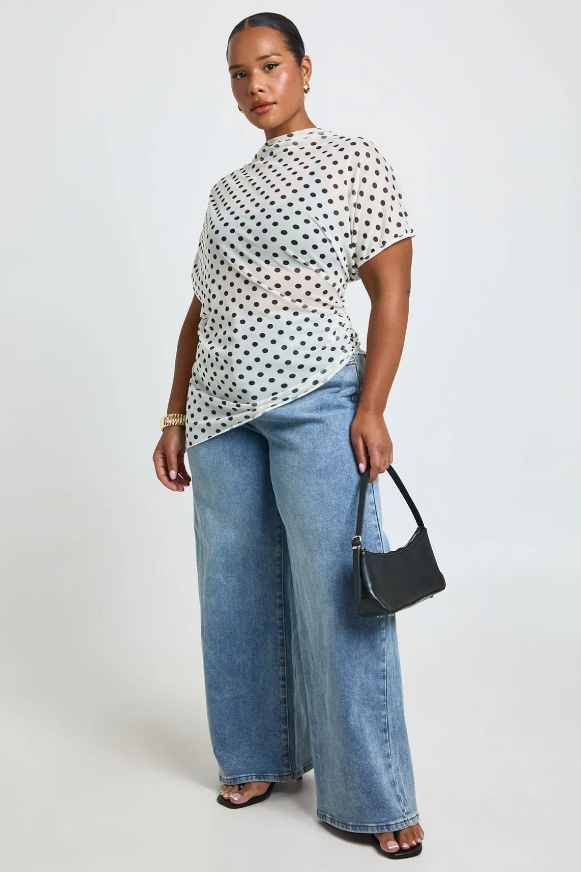 Haut Grande Taille En Mesh À Pois Col Montant Avec Fronces Latérales Et Coupe Asymétrique