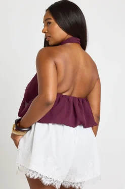 Haut Grande Taille En Mousseline Col Licou À Effet Blouson