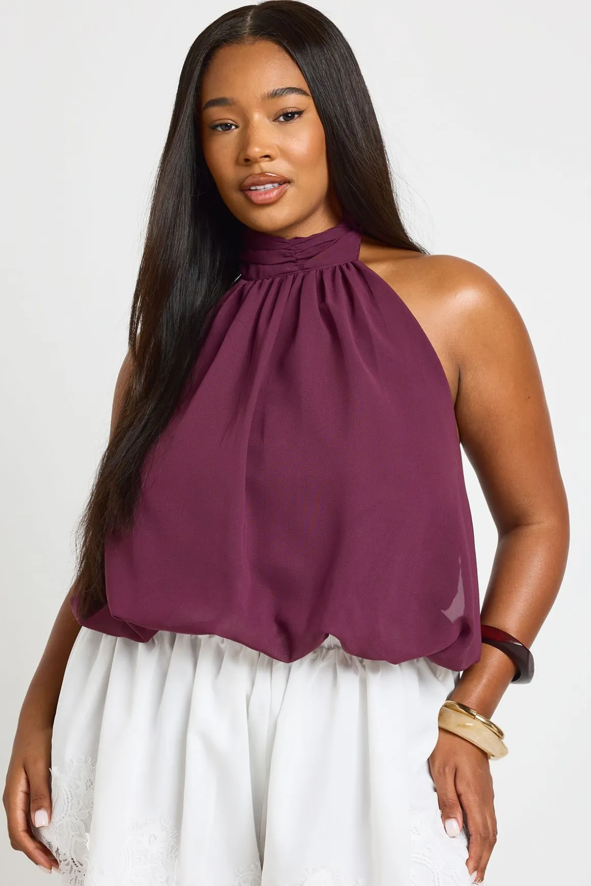 Haut Grande Taille En Mousseline Col Licou À Effet Blouson