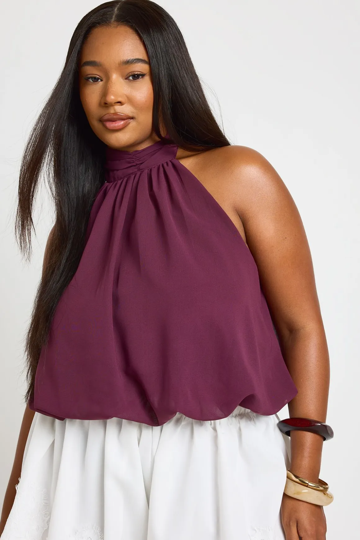 Haut Grande Taille En Mousseline Col Licou À Effet Blouson