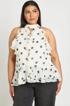 boohoo Haut Grande Taille En Mousseline À Pois Avec Encolure Américaine Et Volants<Femme Pois|Tops