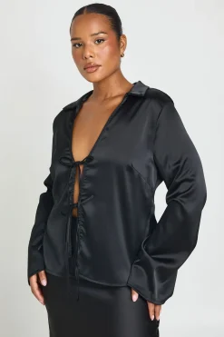 boohoo Haut Grande Taille En Satin À Manches Longues Avec Nœud Devant<Femme Satin Et Dentelle|Tops