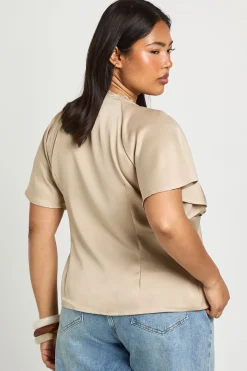 boohoo Haut Grande Taille En Satin À Manches Courtes Avec Bordure En Dentelle Et Liens À Nouer Devant<Femme Satin Et Dentelle|Tops