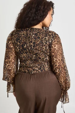 Haut Grande Taille à Imprimé Léopard avec Manches Bouffantes Resserrées