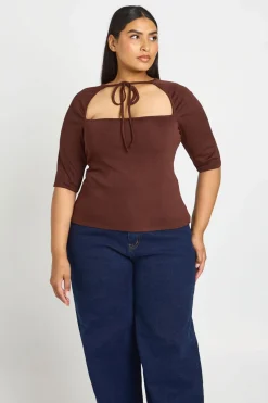 boohoo Haut Grande Taille À Manches 3/4 Avec Nœud Devant<Femme Looks Chocolat|Tops