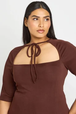 boohoo Haut Grande Taille À Manches 3/4 Avec Nœud Devant<Femme Looks Chocolat|Tops
