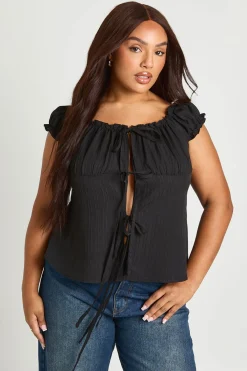 boohoo Haut Grande Taille À Manches Bouffantes Et Liens Sur Le Devant<Femme Tops