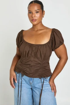 Haut Grande Taille À Manches Bouffantes Et Boutonnage Devant