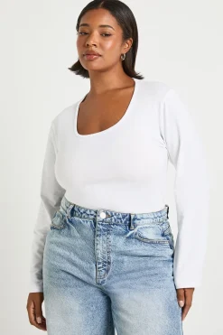 Haut Grande Taille À Manches Longues Et Encolure Carrée Plus Basic
