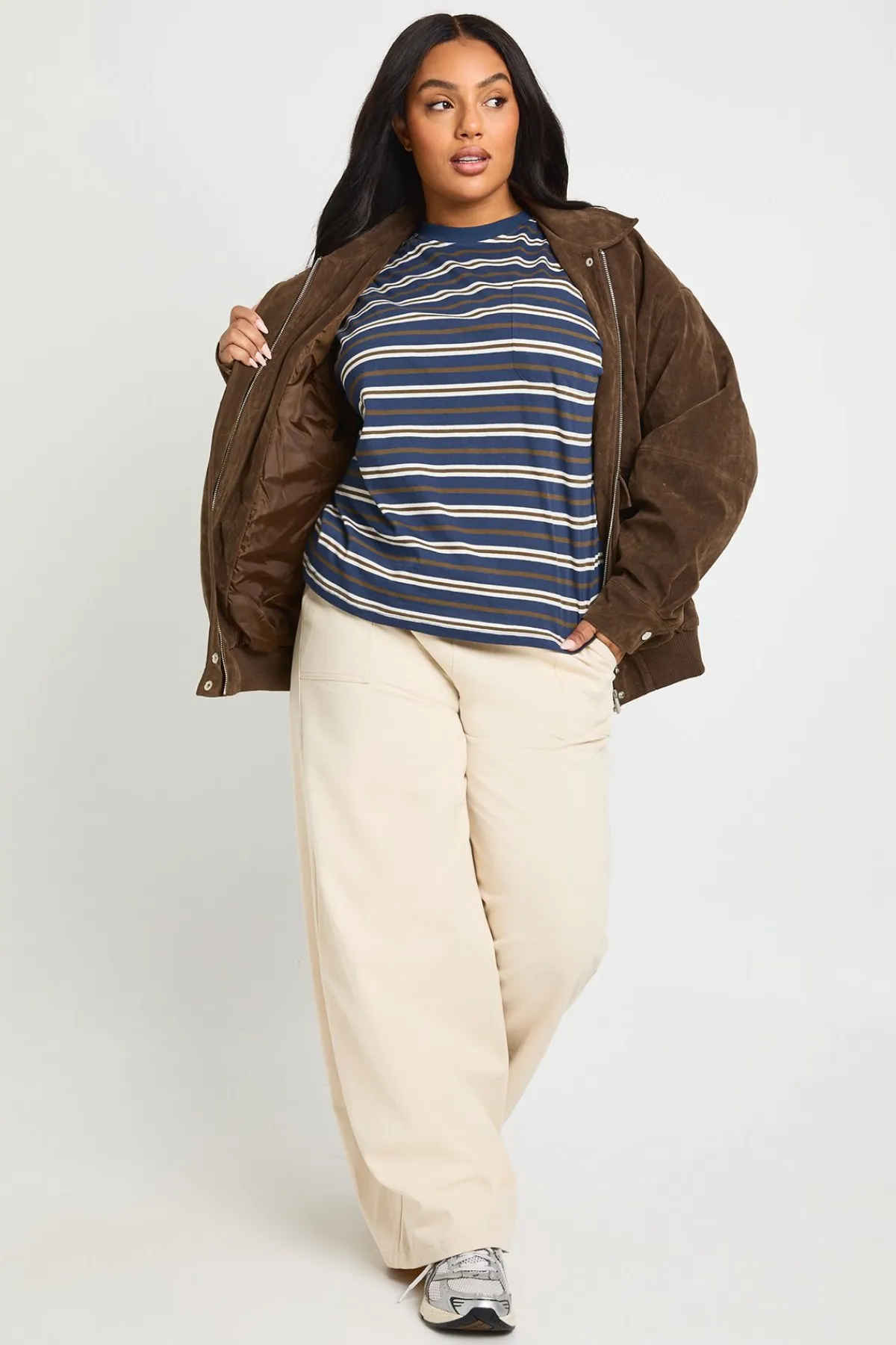 boohoo Haut Grande Taille À Manches Longues En Coton Rayé Avec Poche Devant<Femme Tops D’Automne|Tops