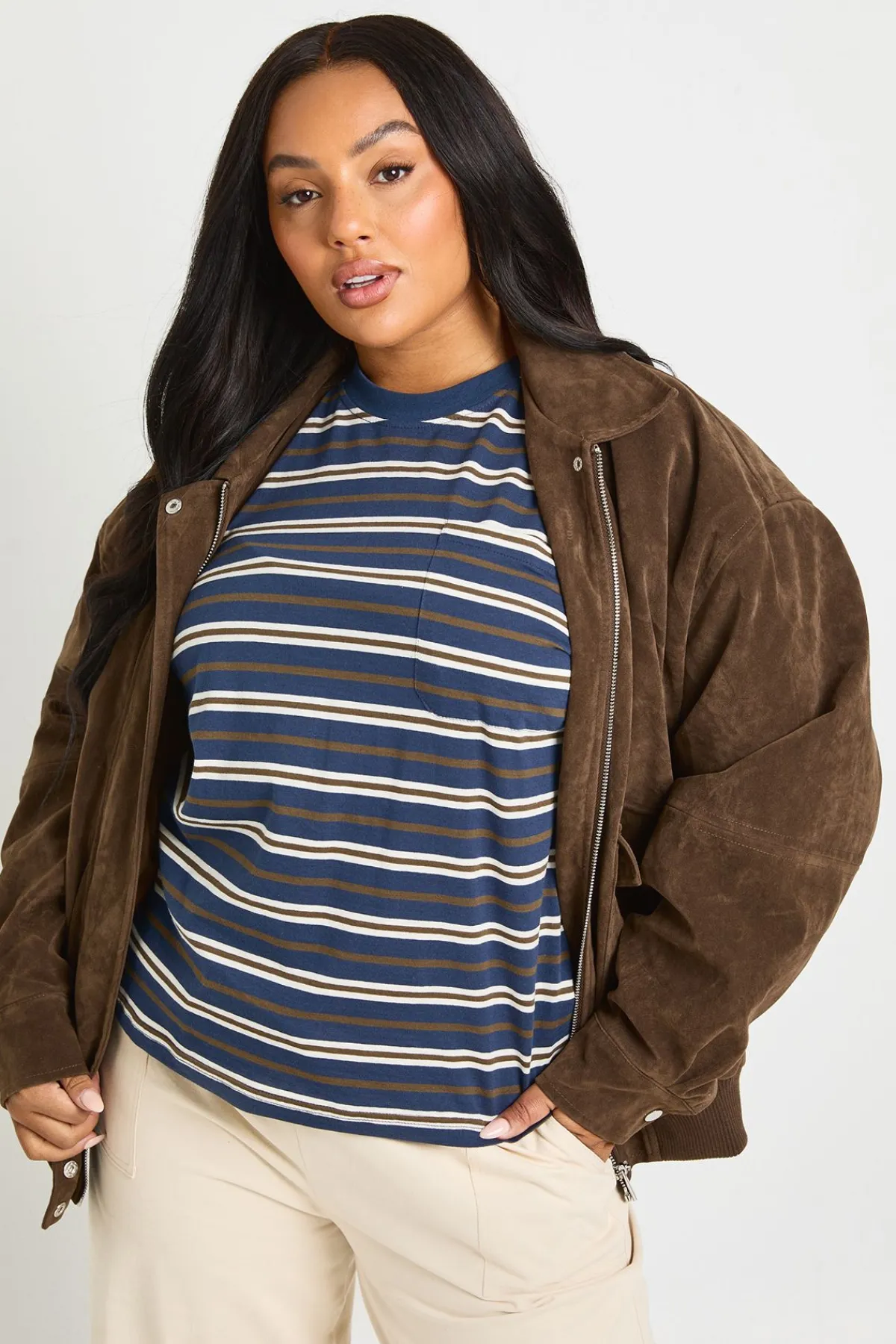 boohoo Haut Grande Taille À Manches Longues En Coton Rayé Avec Poche Devant<Femme Tops D’Automne|Tops
