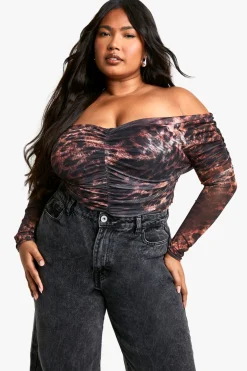 boohoo Haut Grande Taille À Manches Longues Bardot Froncé Devant<Femme Tops