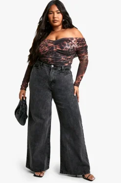 boohoo Haut Grande Taille À Manches Longues Bardot Froncé Devant<Femme Tops