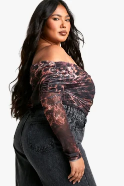 boohoo Haut Grande Taille À Manches Longues Bardot Froncé Devant<Femme Tops