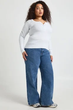 boohoo Haut Grande Taille À Manches Longues Côtelé Avec Col Henley Et Boutons Contrastés<Femme Tops