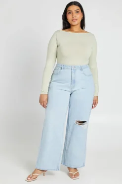 boohoo Haut Grande Taille Manches Longues Col Bateau Seconde Peau<Femme Tops