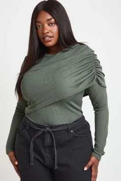 Haut Grande Taille À Manches Longues Côtelé Avec Drapé Sur Le Devant
