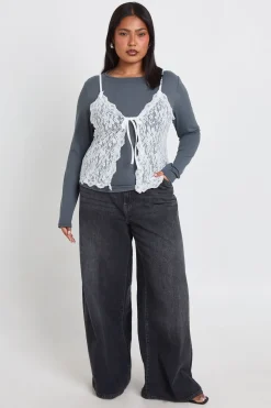 Haut Grande Taille À Manches Longues Avec Détail Soutien-gorge En Dentelle