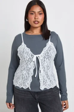 Haut Grande Taille À Manches Longues Avec Détail Soutien-gorge En Dentelle