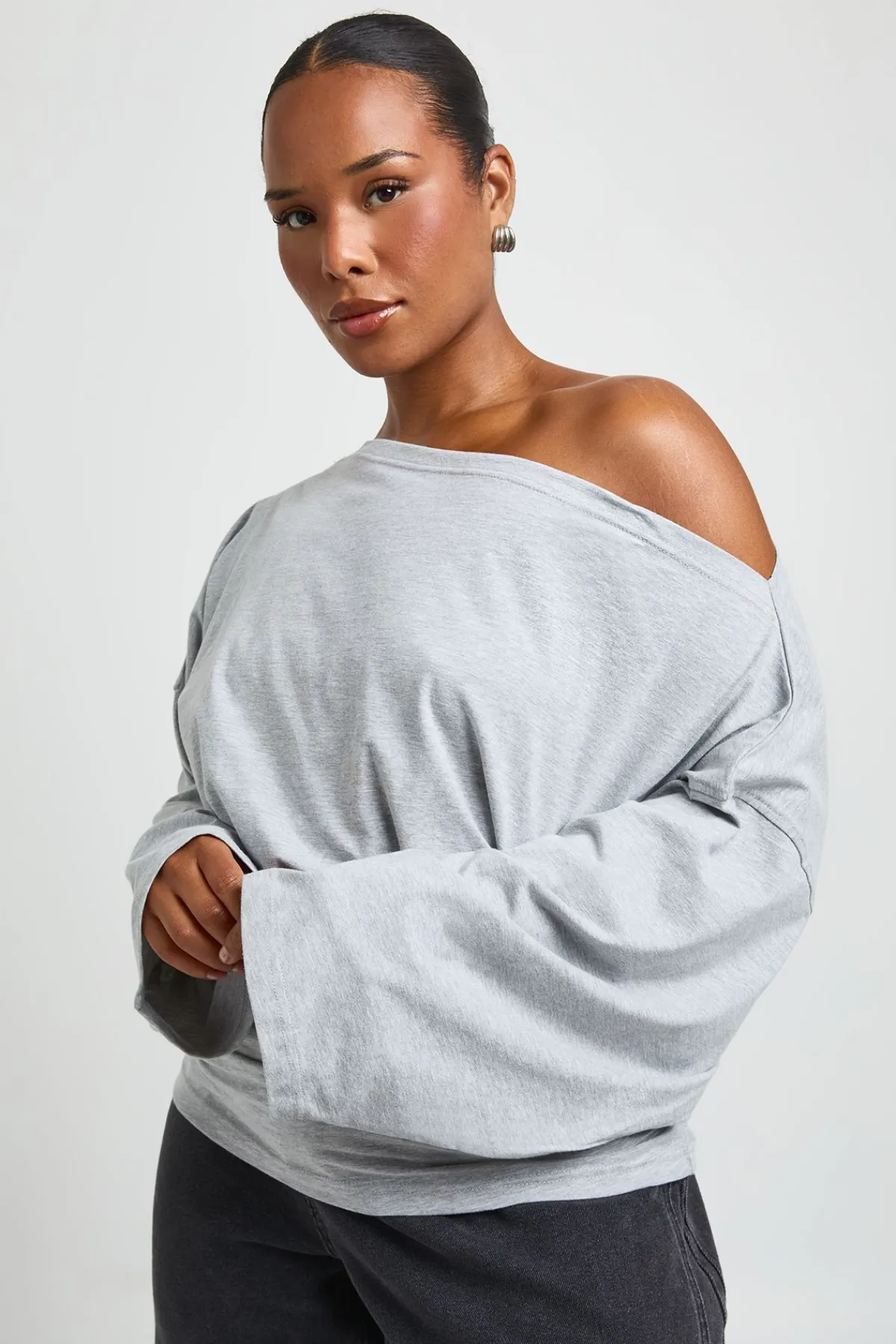 boohoo Haut Grande Taille À Manches Longues Avec Col Asymétrique Et Taille Froncée<Femme Tops
