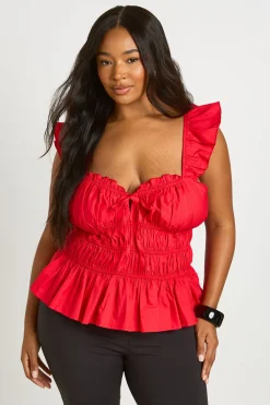 boohoo Haut Grande Taille À Manches Volantées Froncé Avec Lien<Femme Tops