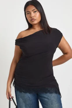 Haut Grande Taille à Ourlet en Dentelle Asymétrique