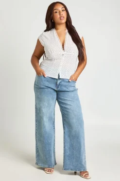 boohoo Haut Grande Taille À Pois Avec Boutons Et Finitions En Dentelle<Femme Pois|Satin Et Dentelle