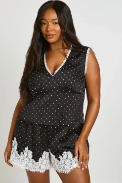 Haut Grande Taille À Pois En Satin Avec Dentelle Contrastante Et Décolleté Plongeant