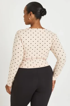 boohoo Haut Grande Taille À Pois Manches Longues Avec Découpe Nouée<Femme Pois|Tops
