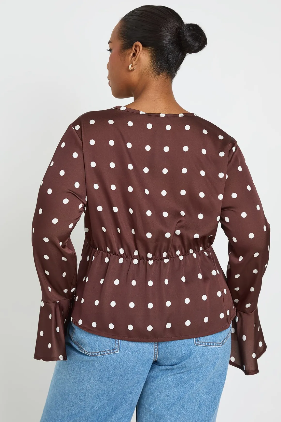 Haut Grande Taille Péplum Satiné À Pois Avec Nœud Devant