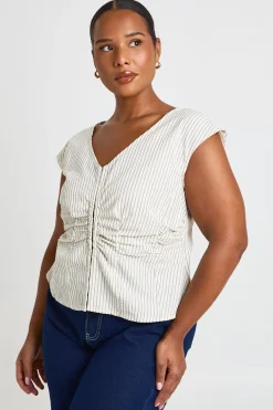Haut Grande Taille À Rayures Avec Fermeture À Crochets Et Taille Cintrée À Manches Courtes