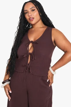 boohoo Haut Grande Taille Sans Manches En Gaze De Coton Avec Liens À Nouer Devant<Femme Tailleurs|Looks Chocolat