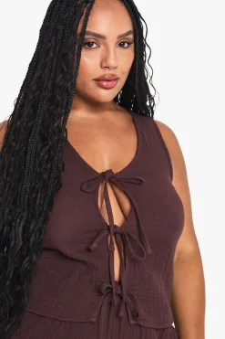 boohoo Haut Grande Taille Sans Manches En Gaze De Coton Avec Liens À Nouer Devant<Femme Tailleurs|Looks Chocolat