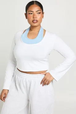 Haut Grande Taille Superposé 2-en-1 Avec Col Licou Contrasté
