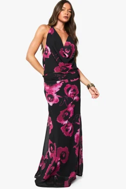 Haut halter en chiffon floral à encolure drapée