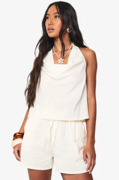 boohoo Haut halter à encolure drapée, look lin<Femme Tops