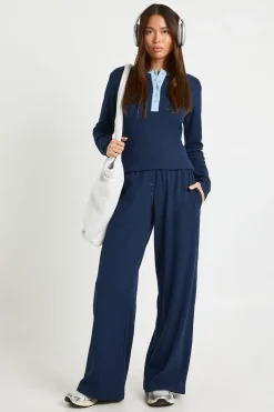 Haut Henley boutonné à bordure contrastante & pantalon assorti