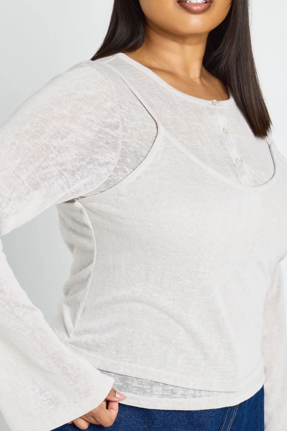 boohoo Haut Henley Grande Taille À Double Épaisseur Transparente<Femme Tops